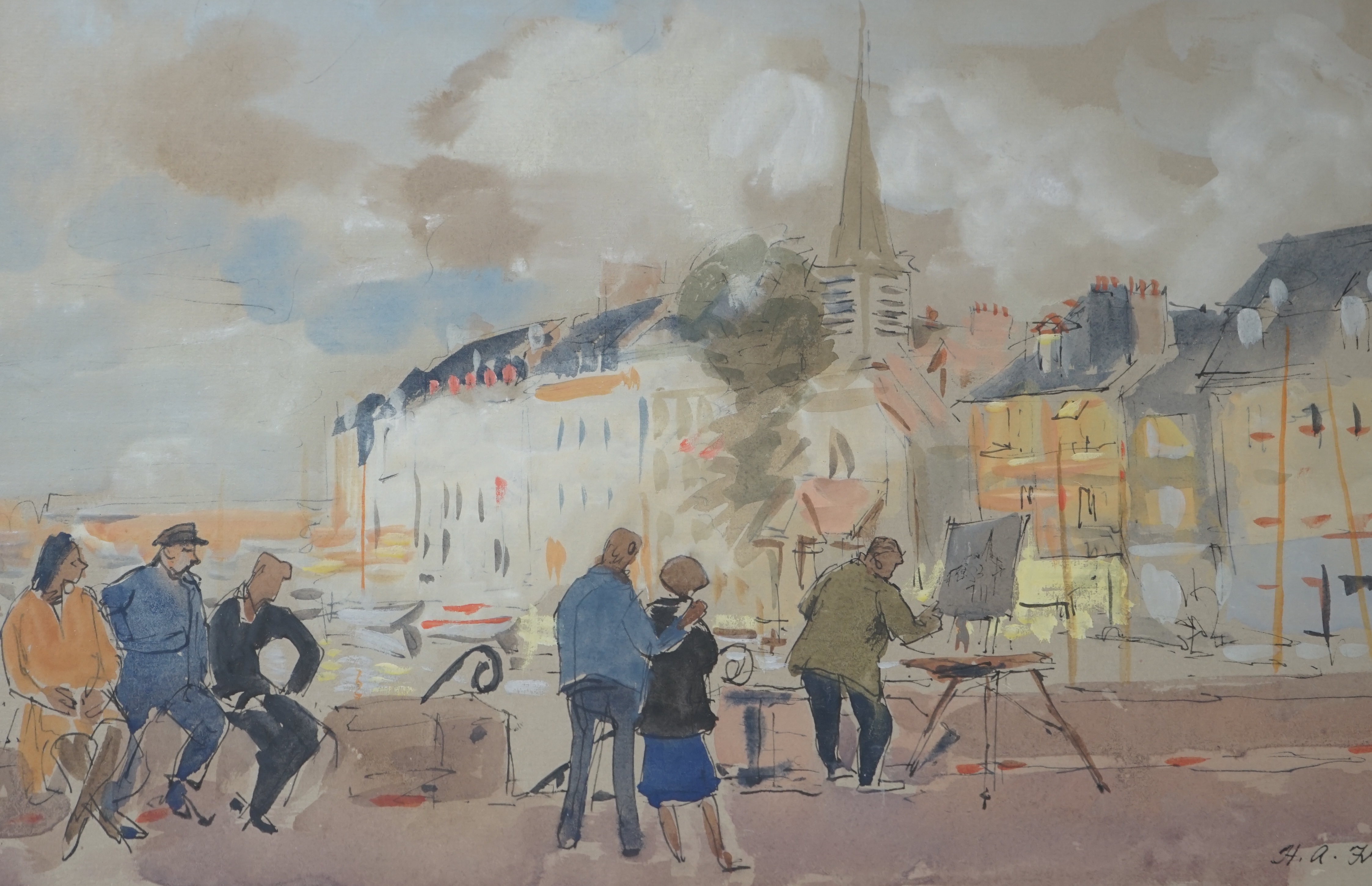Hubert Andrew Freeth RA (1912-1986), ink & watercolour, ‘Artist at Honfleur’, signed, 27 x 41cm. Condition - fair